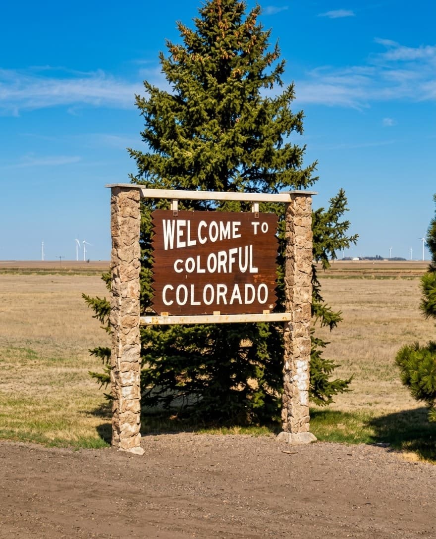 Welcome to Colorful Colorado sign with stone pillars, an evergreen tree, and distant wind turbines.